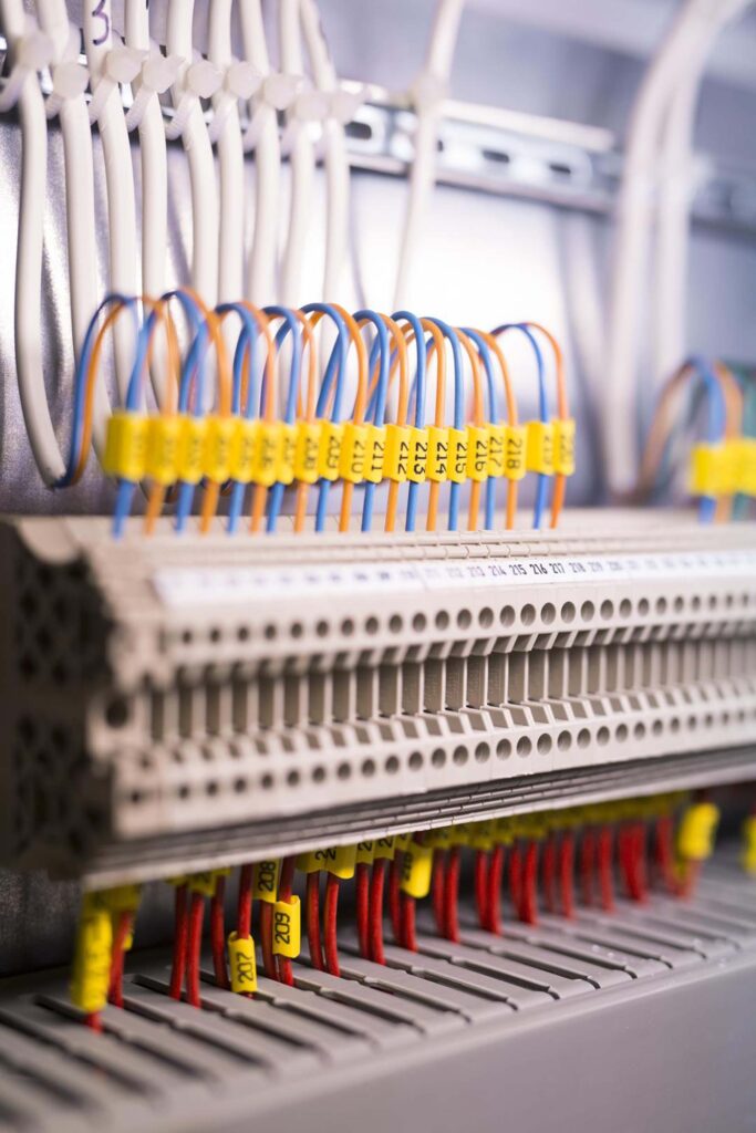 Young woman controlling home with a digital touch screen panel installed on the wall in the living room. Concept of a smart home and mobile application for managing smart devices at home
